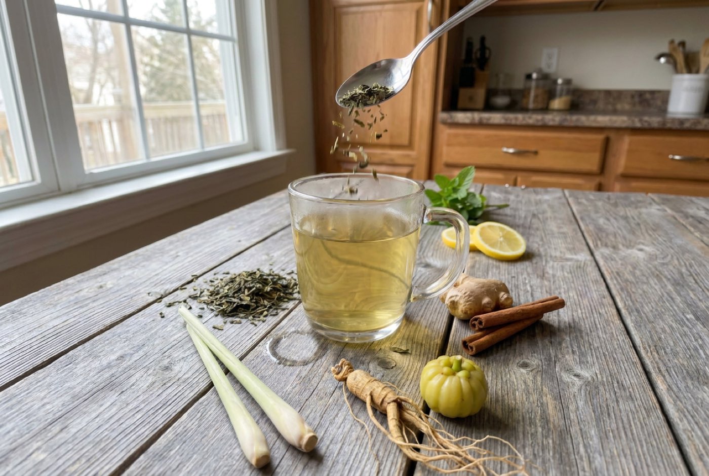 Overhead flat-lay on a rustic wood table: a steaming glass mug of golden-green tea in the centre, surrounded by dried red hibiscus flowers, fresh ginger root, a small dish of green tea herb powder, citrus slices and a few green leaves on a linen cloth in soft natural light. Looks homemade and traditional.