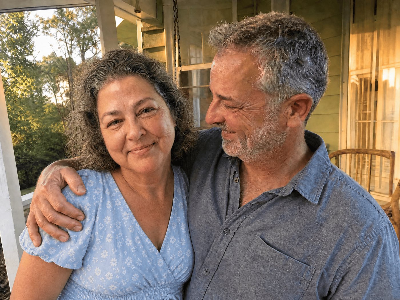 A tender, candid moment between a married couple in their mid-to-late 50s in a cosy home kitchen. The woman is slim, healthy and glowing, mid-laugh; her husband (kind face, grey hair, casual shirt) has his arm around her and is looking at her with visible love and emotion — almost teary. Warm golden light, real and intimate.